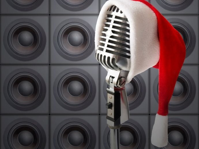 New Year's Party! (retro Mike In Santa Hat In Front Of Speakers Wall)