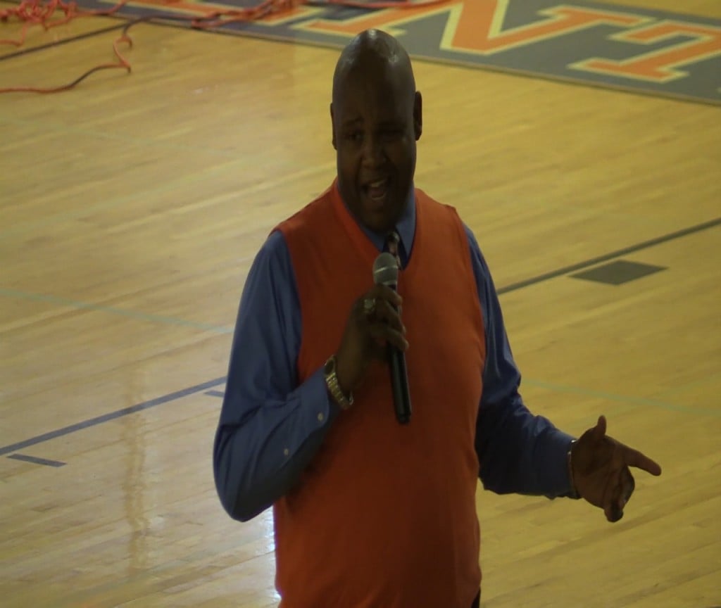 Larry Harold speaks to Central High School parents and fans after being introduced at a meet-and-greet in May.