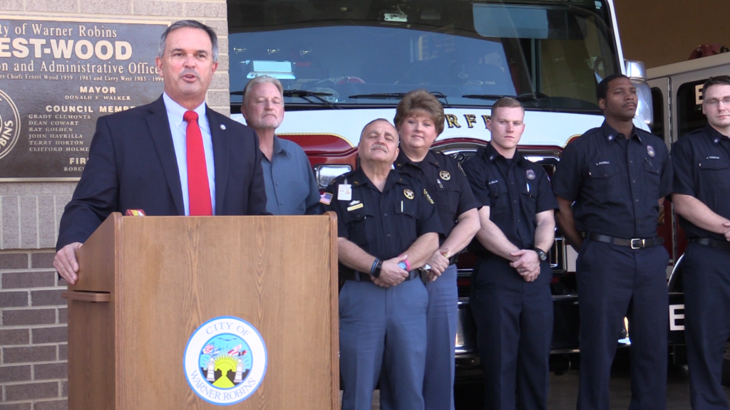 Warner Robins Mayor Randy Toms announced a lower ISO rating for the city Wednesday at the fire station on North Pleasant Hill Road.