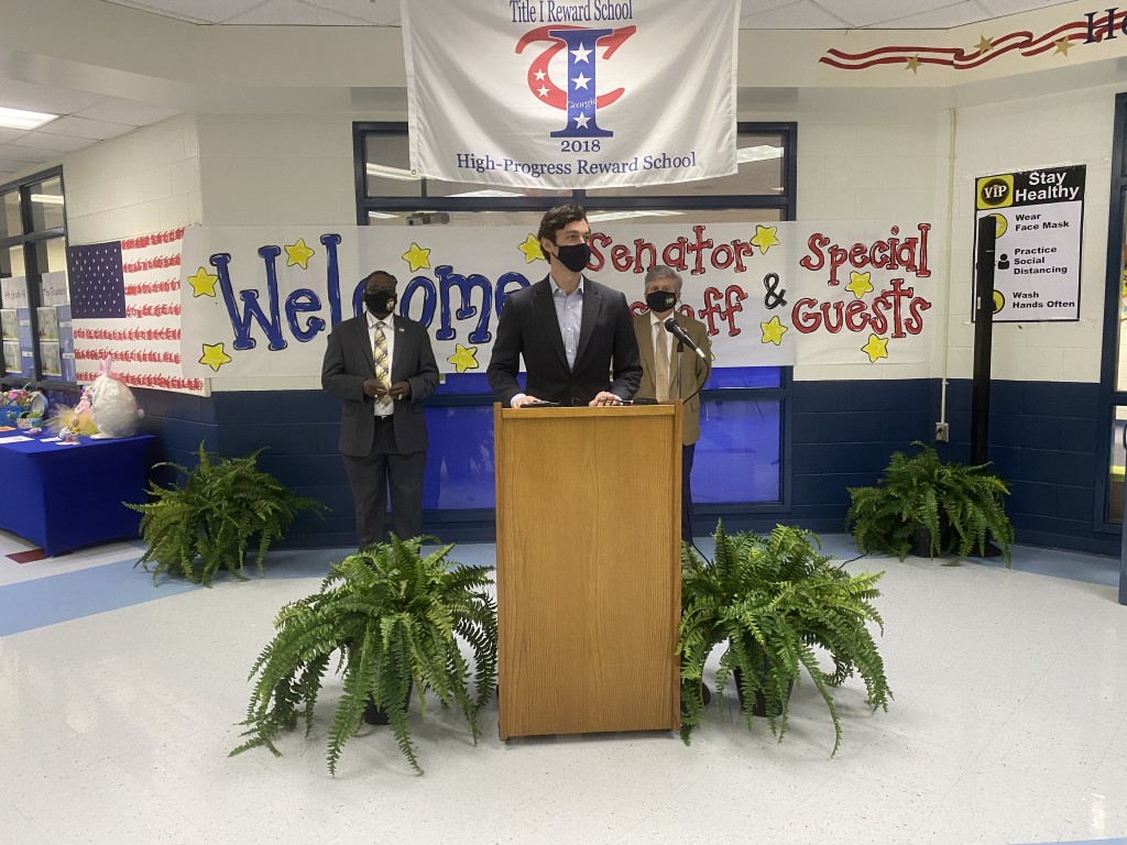 Senator Ossoff makes an announcement at Heritage Elementary School about the American Rescue Plan.