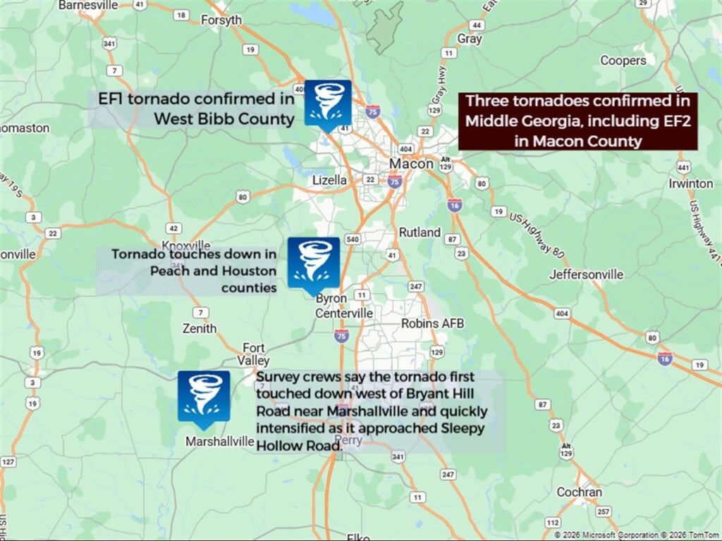 Map showing tornado locations in Macon County, Bibb County and Houston County in Middle Georgia