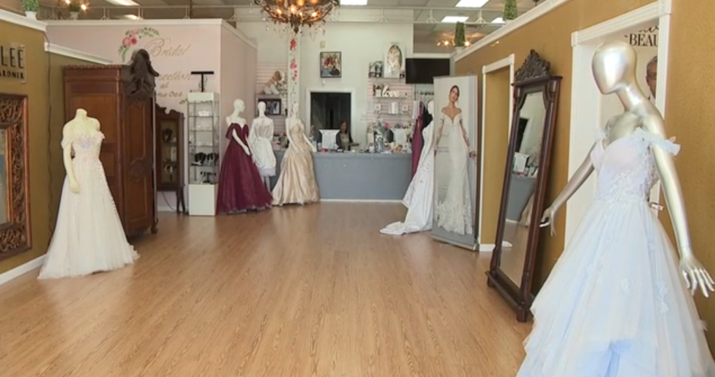 Wedding dresses displayed inside a bridal store