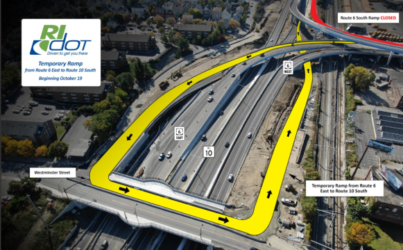 Temporary ramp for Route 6/10 carries traffic over Westminster bridge ...