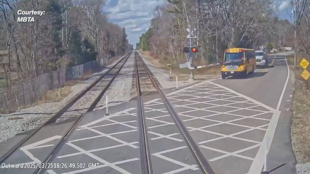 Crossing Arm Comes Down On School Bus As Mbta Train Passes By In Freetown