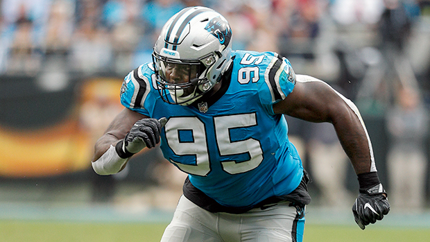 Carolina Panthers defensive end Charles Johnson (95) watches