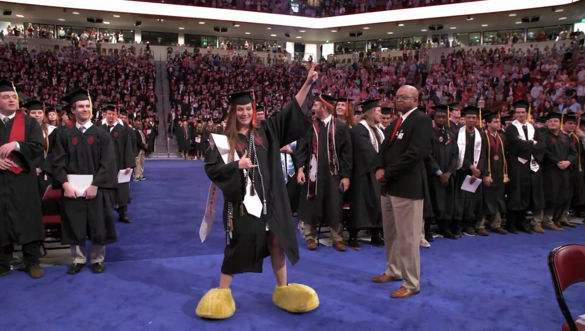 "Cocky" video goes viral after mascot's identity revealed at graduation