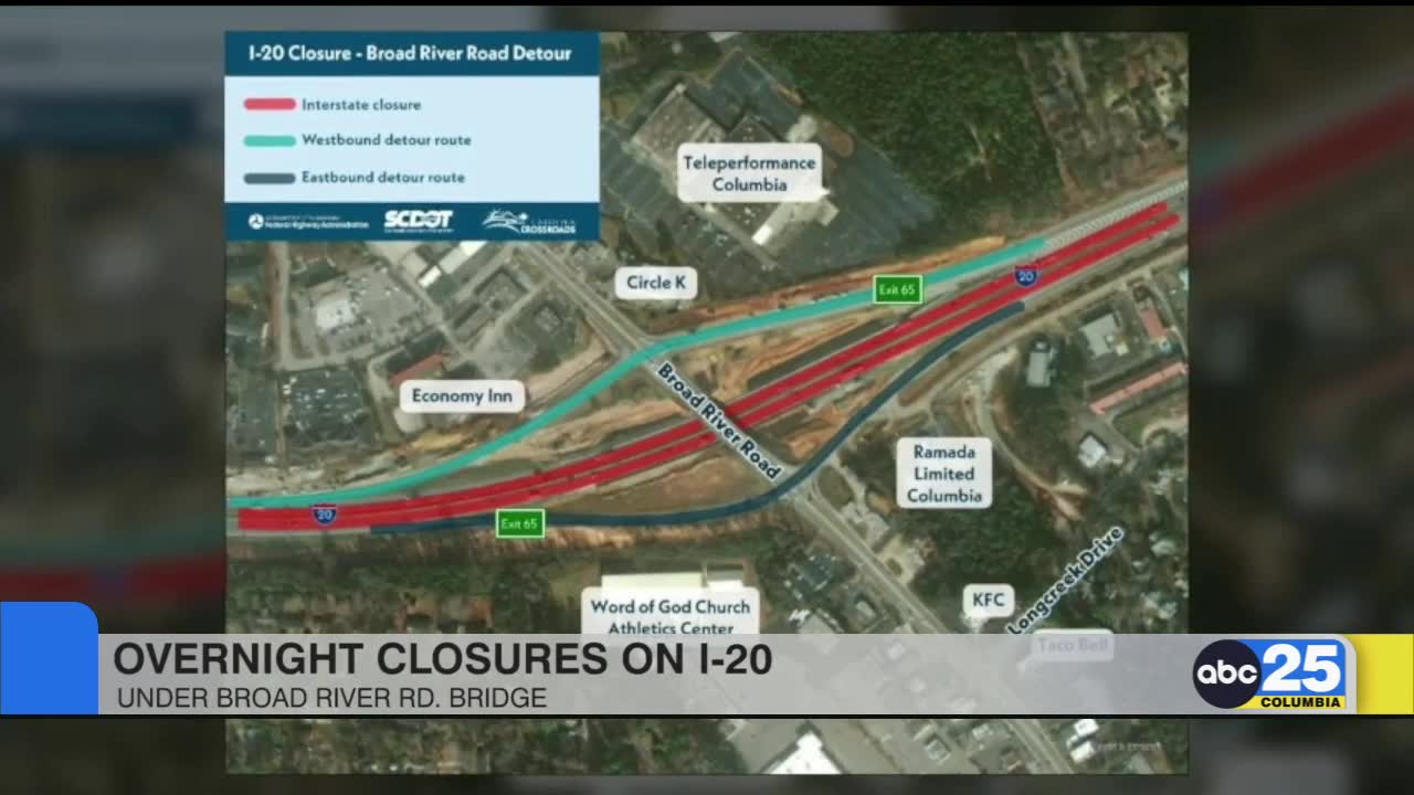 SCDOT Temporary, overnight closures of I20 under Broad River Road