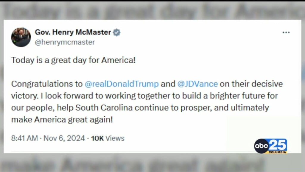 Governor Mcmaster Congratulates President Elect Donald Trump For 2024 Election Win