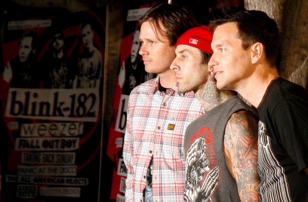 Blink 182 Band Members Delonge, Barker And Hoppus Arrive At Party To Launch Their Summer Tour At El Compadre Restaurant In Los Angeles