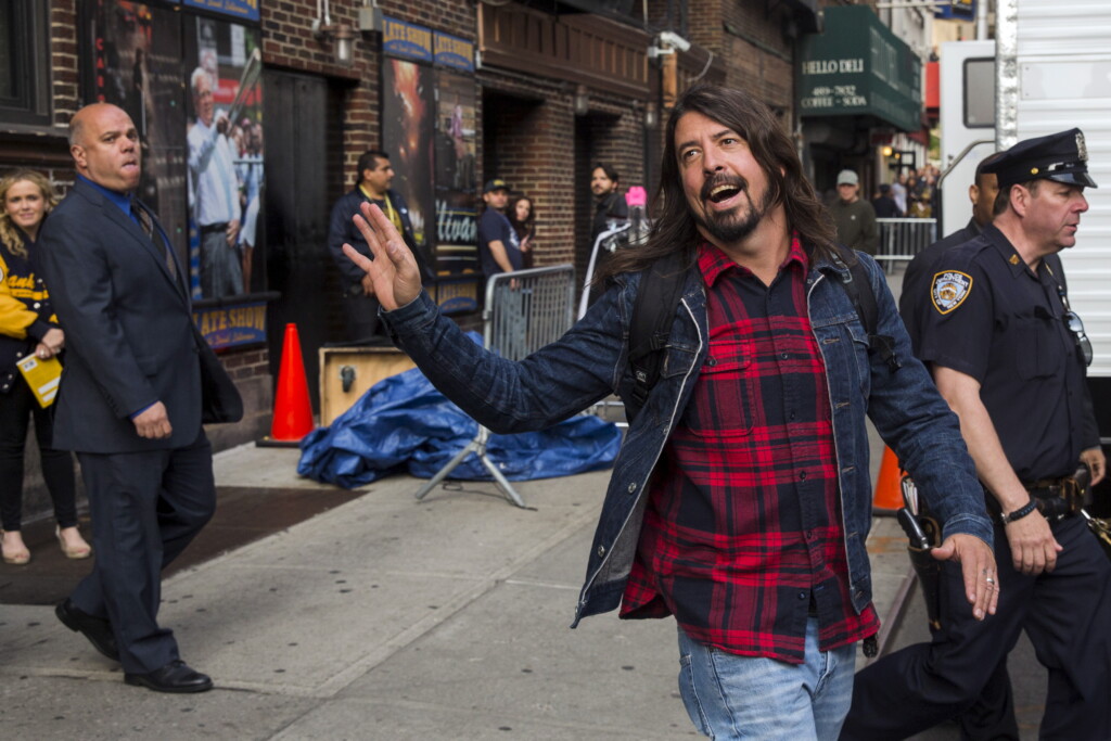 Singer Dave Grohl Departs Ed Sullivan Theater In Manhattan After Taking Part In The Taping Of Tonight's Final Edition Of "the Late Show" With David Letterman In New York
