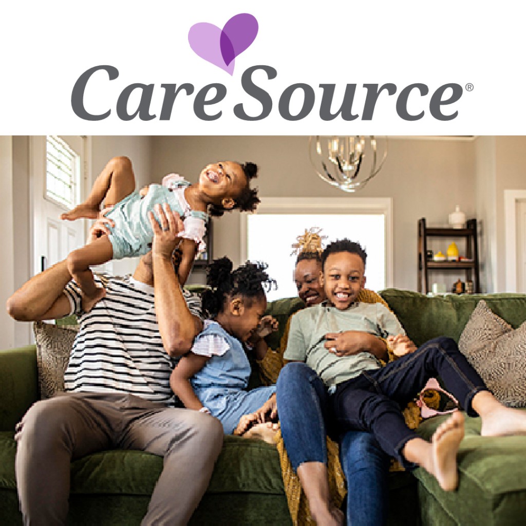 CareSource for Affordable Housing showing family sitting on couch in livingroom