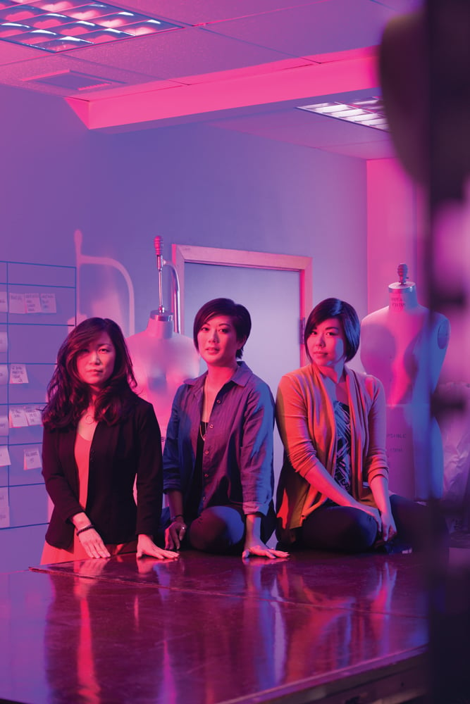 Collaborators in the Lab’s fashion/design program include, from left, state economic development specialist Tracie Young, and designers Allison Izu Song and Summer Shiigi. Photo: Tommy Shih