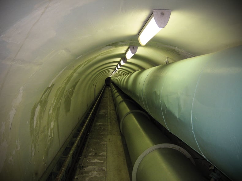 The Honolulu Board of Water Supply offers occasional tours of the Halawa Shaft, this inclined “skimming” tunnel, and its working pump room, which first connected the vast Pearl Harbor aquifer to the city of Honolulu when it became operational in 1944. Photo: Courtesy of the Honolulu Board of Water supply