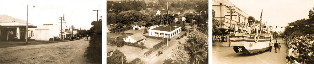 Lihue and Rice Street were the center of Kauai’s once-thriving sugar cane industry, as shown in these photos from the Kauai Historical Society. Even today, two of the Island’s main highways start at Rice Street: Route 50, also known as Kaumualii Highway, runs west for 33 miles all the way to the entrance of the Pacific Missile Range Facility, and Route 56, also known as Kuhio Highway, runs 28 miles up the east and north coasts to Haena. Historic photos of Rice Street above show (at left) the Royal Theater, (middle) the Bank of Hawaii building with the Lihue Sugar Mill in the background; and a float turning during the Victory over Japan Parade on Sept. 3, 1945. 
