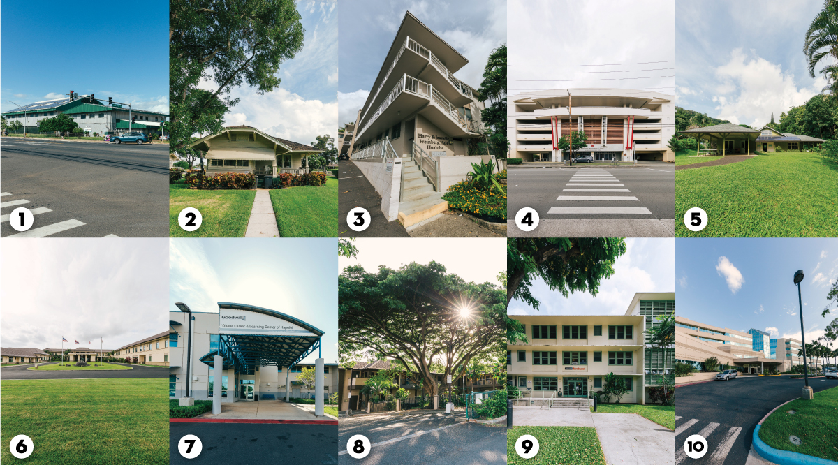 Here are 10 buildings that are named for the Weinbergs or have wings in their names. Clockwise from top left: 1. The Boys & Girls Club of Hawaii on Fort Weaver Road in Ewa Beach; 2. the Easter Seals Hawaii building on Renton Road in Ewa Beach; 3. Catholic Charities Housing Development Corp. on Dominis Street in Makiki; 4. the Japanese Cultural Center of Hawaii on Beretania Street in Moiliili; 5. the Hawaii Nature Center in Makiki; 6. the Shriners Hospital for Children on Punahou Street; 7. Goodwill Industries of Hawaii on Lauwiliwili Street in Kapolei; 8. ARC of Hawaii on Waimano Home Road in Pearl City; 9. YWCA of Oahu on Wilder Street in Makiki; and 10. The Queen's Medical Center-West on Fort Weaver Road in Ewa Beach. 