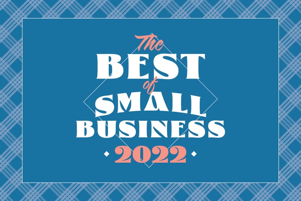 text- Best of Small Business 2022 on a blue background with a checkered border
