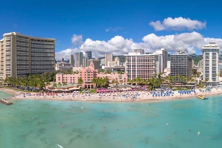 Waikiki Beach In Hawaii Aerial View Of Beach And Hotels Panorama