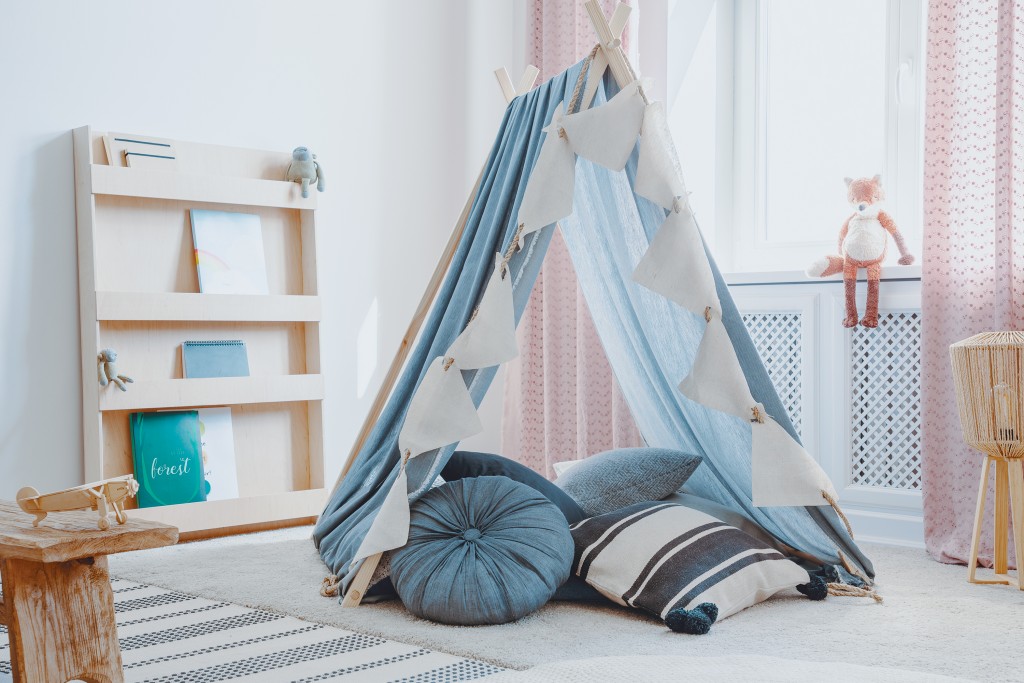 Wooden Furniture And Tent With Pillows In Natural Scandinavian Playroom For Kids, Real Photofox