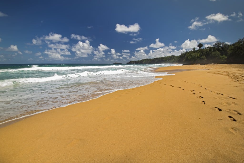 秘密のビーチまたはカウアペアビーチ、ノースショア、カウアイ島、ハワイ。 キラウエア灯台に向かって見て