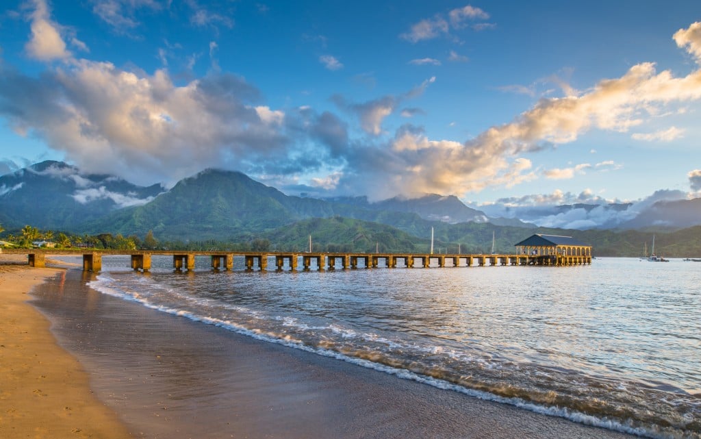 Afternoon View Of Hanalei Bay And Pier On Kauai Hawaii