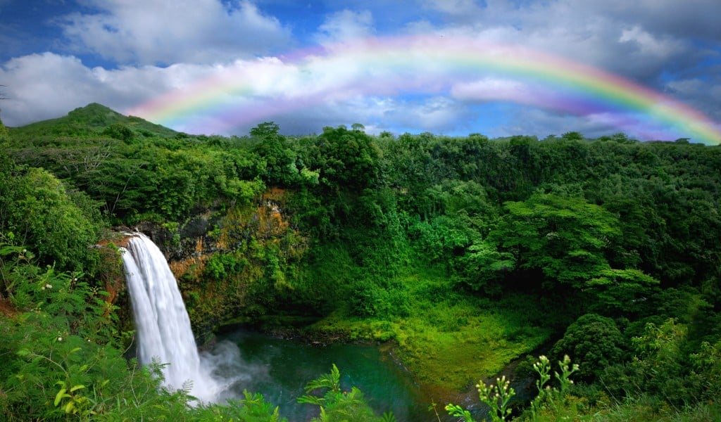 Waterfall With Rainbow In Kauai