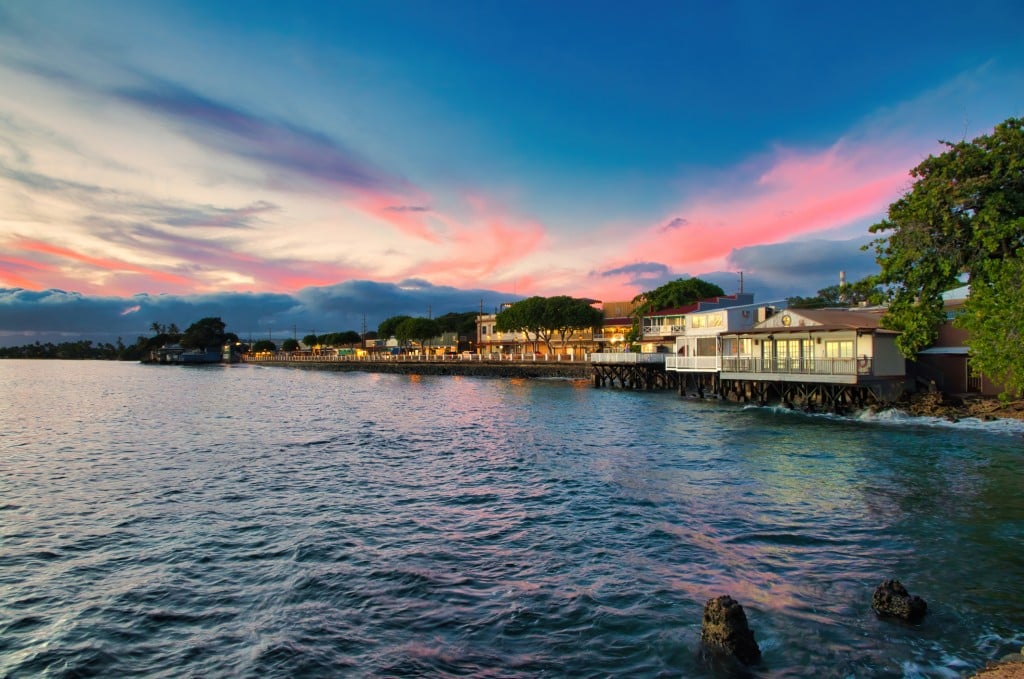 Front Street Downtown District In Lahaina On Maui At Sunset.