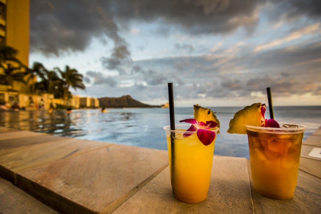 Cocktail Drinks On Beach At Sunset.