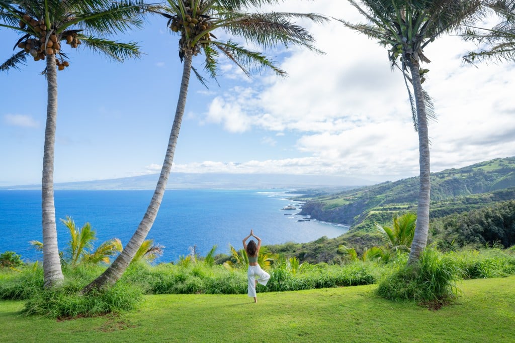 Young Woman Practices Yoga At Coastal Overlook