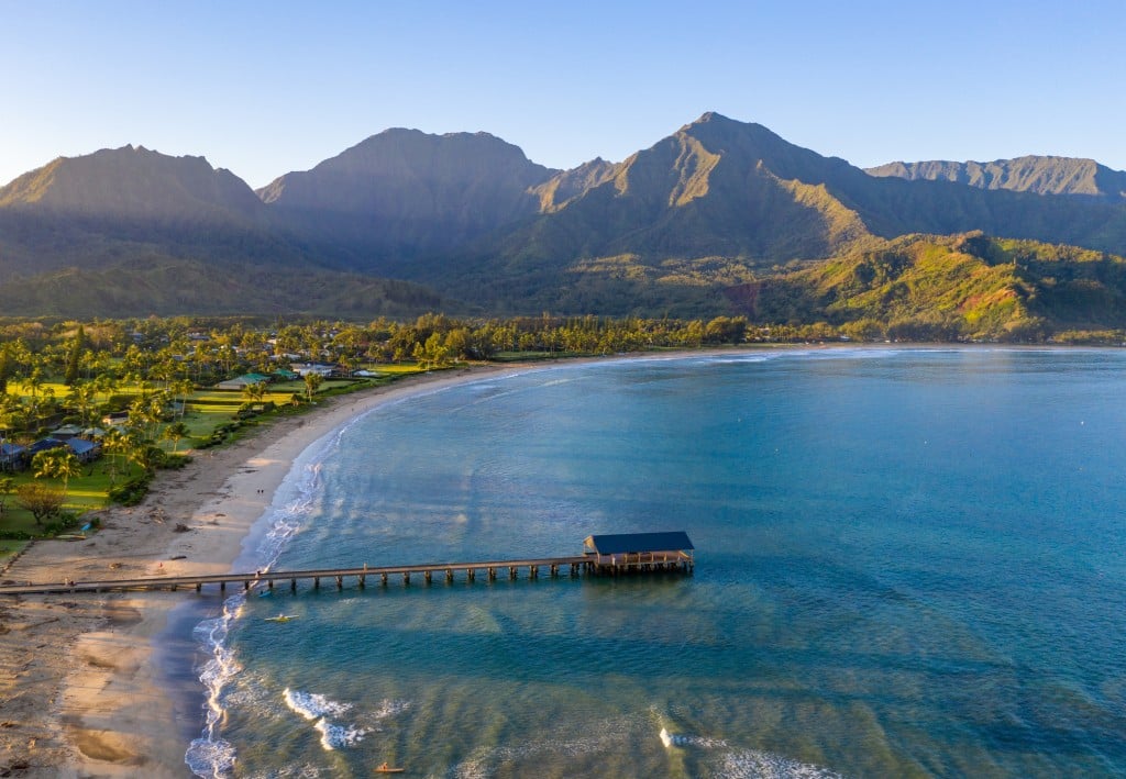 Aerial Drone Shot Of Hanalei Bay And Beach On The North Shore Of Kauai In Hawaii