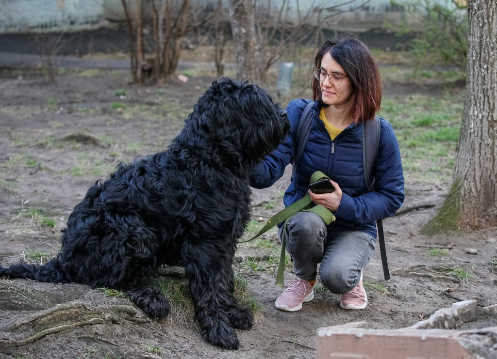 A New Owner Olga Veretilnyk Pets A Dog, Bavaria, That The Ukrainian Military Found In A House Damaged By Shelling On The Front Line Near Kyiv
