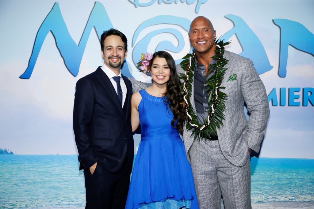 Actor And Composer Lin Manuel Miranda, Actor Auli'i Cravalho And Actor Dwayne Johnson Pose At The World Premiere Of Walt Disney Animation Studios' "moana" As A Part Of Afi Fest In Hollywood