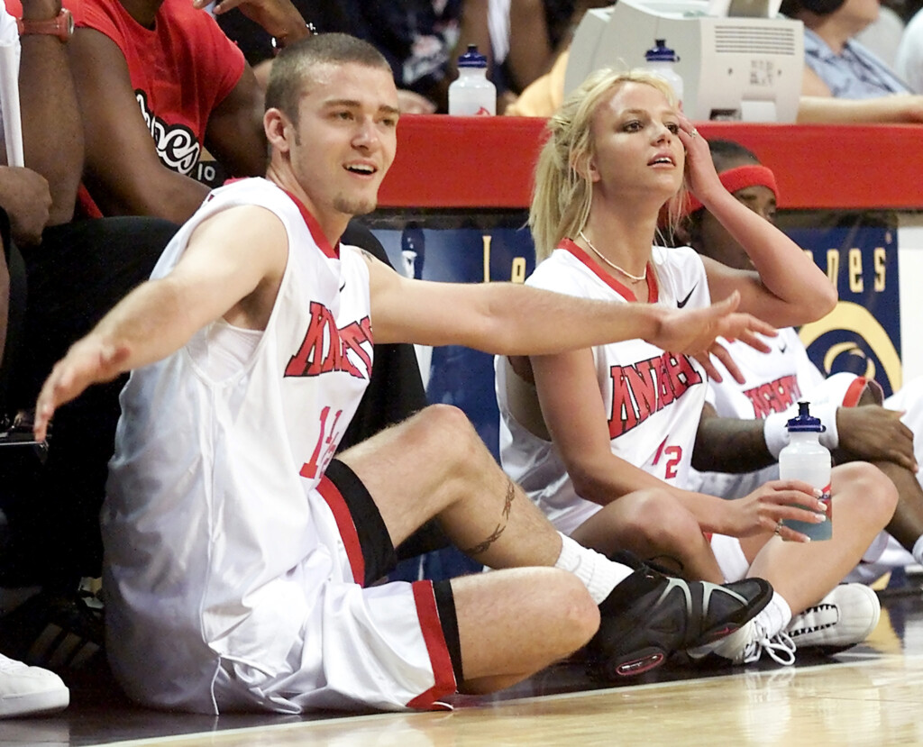 Pop Stars Britney Spears And Justin Timberlake At Celebrity Basketball Game In Las Vegas.