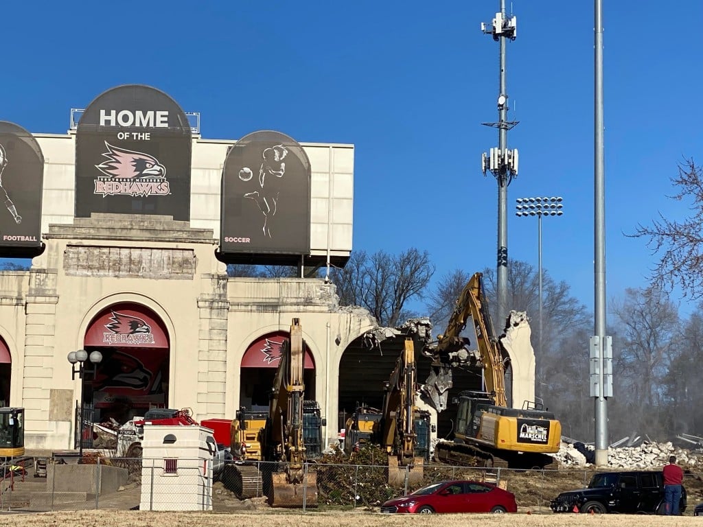 Demolition begins on the south grandstand structure of Houck Stadium. (Source: Brandy McIntire/KBSI)