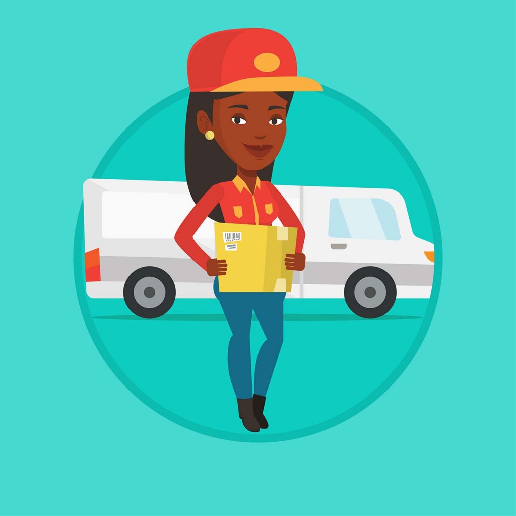 Delivery Courier Holding Box On The Background Of Truck Delivery Courier Carrying Card Storyblocks 1260