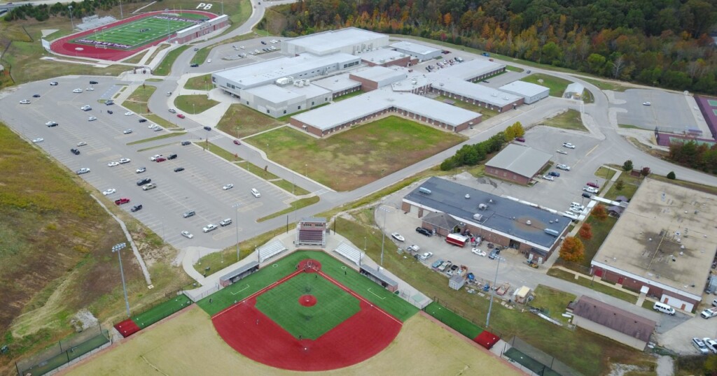 An aerial view of the TCC on the northwest portion of Poplar Bluff’s secondary campus is pictured between the baseball diamond and corner of tennis courts along the right side. (Source: Poplar Bluff R-I School District)