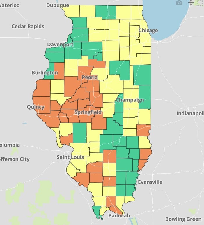 county map of COVID-19 levels in Illinois (Source: IDPH)