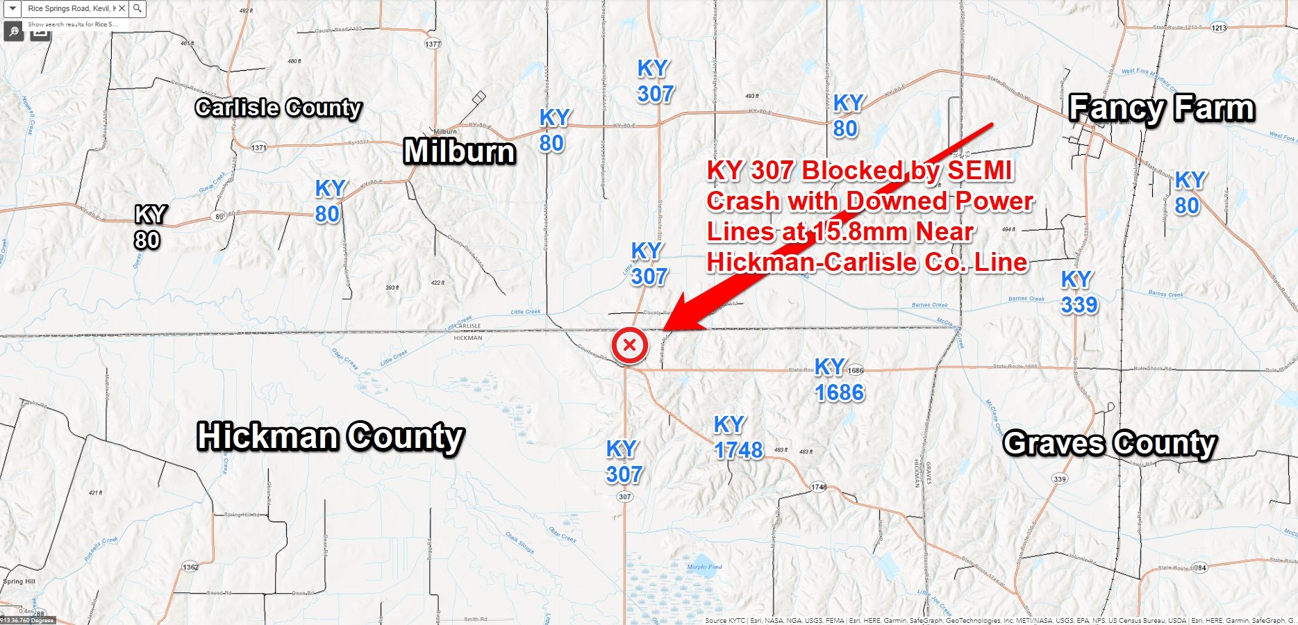 KY 307 open after semi crash with downed power lines in Hickman County