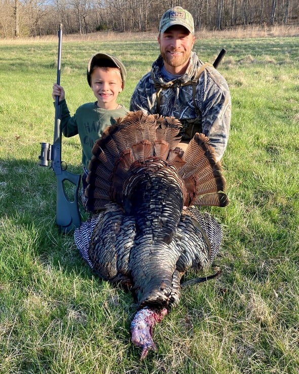 Keever Schaning, age 6, of Owensville had been dreaming of the day when he was finally of age to hunt with his dad Josh. That day came Saturday when he harvested his first turkey on his grandparents’ farm in Owensville. The bird weighed 26 pounds with a 10.5 inch beard and 1 inch spurs. (Source: MDC)