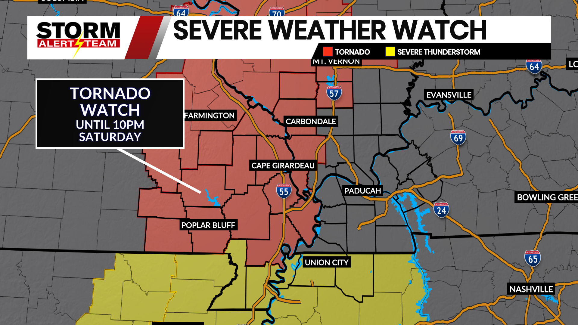 Tornado Watch issued through 10 p.m. Saturday night (4/15/23) - KBSI ...