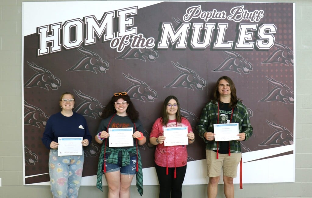(From left) Emma King, Abby Murphy, Paige Morey and Lee Thompson were awarded scholarships from the American Red Cross on Tuesday, May 16, at PBHS. (Source: Poplar Bluff R-I School District)