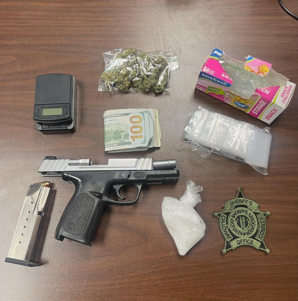 Authorities searched the vehicle and found about 47 grams of crystal methamphetamine, 13.5 grams of marijuana, $563 in cash, digital weight scales, numerous small clear plastic baggies and other items indicative of illegal drug trafficking, according to the sheriff's office. (Source: Calloway County, KY Sheriff's Office/Facebook)