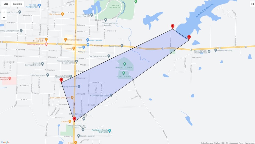 Map of possible Nashville, IL Dam failure (Source: Washington County IL Emergency Management Agency/Facebook)