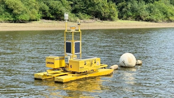 Missouri Department of Conservation officials ask people to not touch a yellow boat-shaped buoy with reflective tape, lights and MDC emblem positioned near the mouth of the Headwater Diversion Channel south of Cape Girardeau. (Source: MDC)