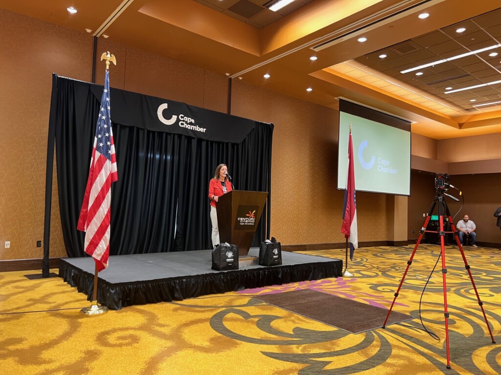 FOX23 General Manager Kristie Giompoletti-Shamoun speaks at the Cape Chamber First Friday Coffee on Aug. 2.