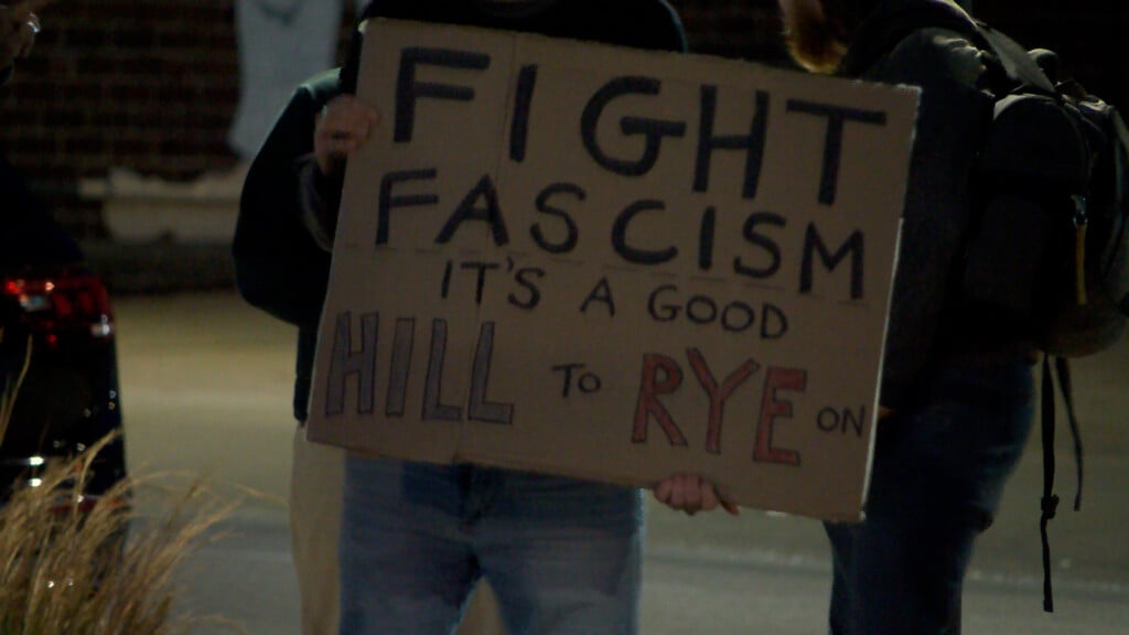A protester's sign reads, "Fight Fascism. It's a good hill to Rye on." This is a reference to City Council Member Ginger Rye-Sanders.