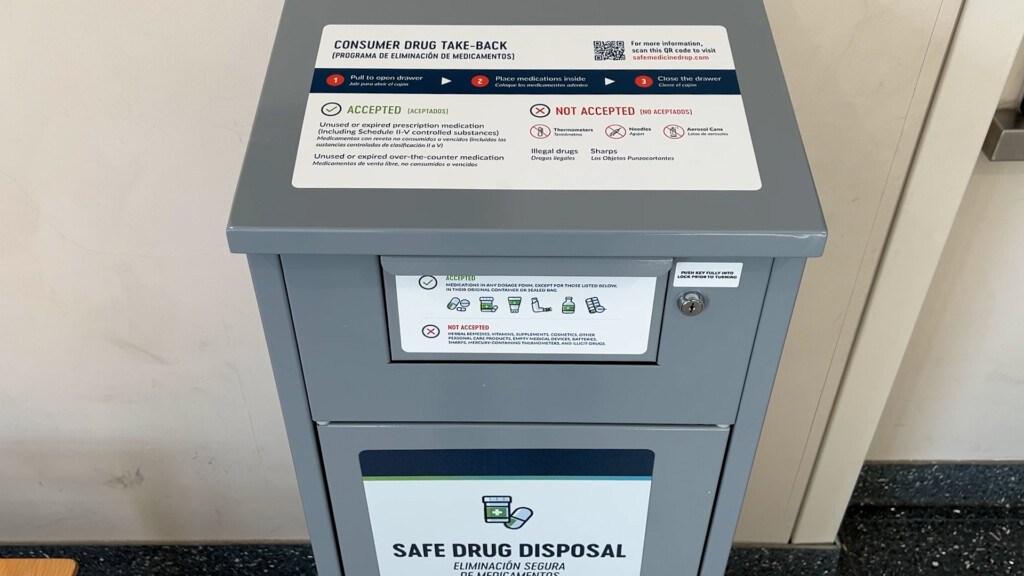 Consumer drug take-back receptacle. Carbondale Police Department Lobby. Carbondale, IL. March 25, 2025.