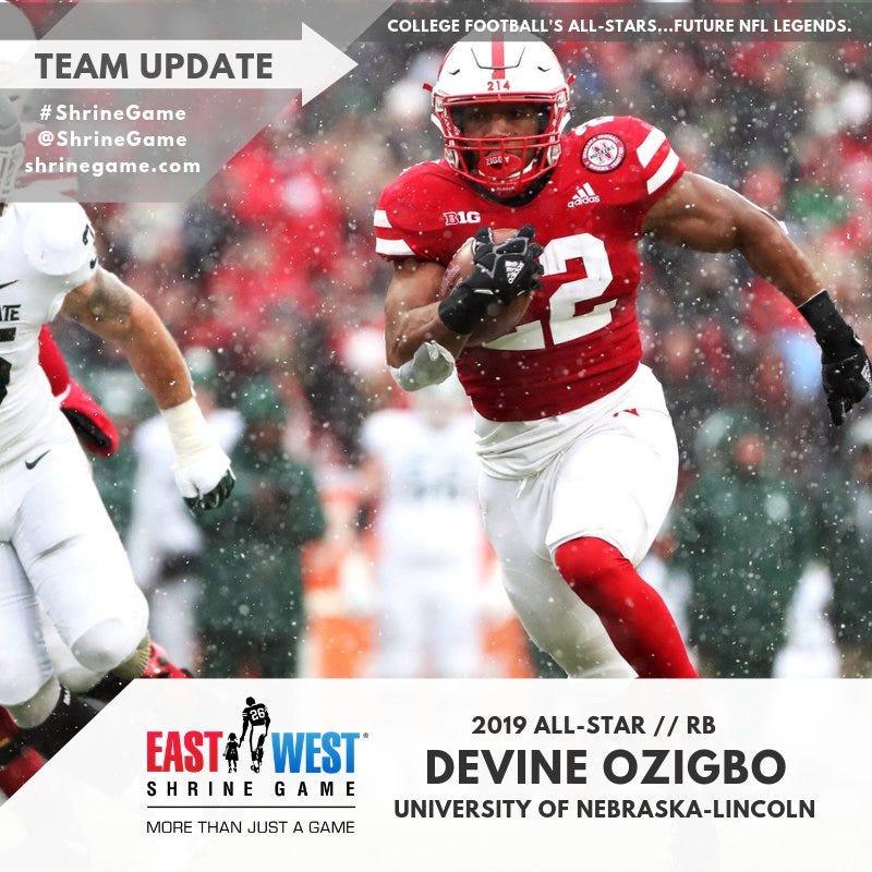 West running back Devine Ozigbo (22), of Nebraska, before the East West  Shrine football game Saturday, Jan. 19, 2019, in St. Petersburg, Fla. (AP  Photo/Chris O'Meara Stock Photo - Alamy