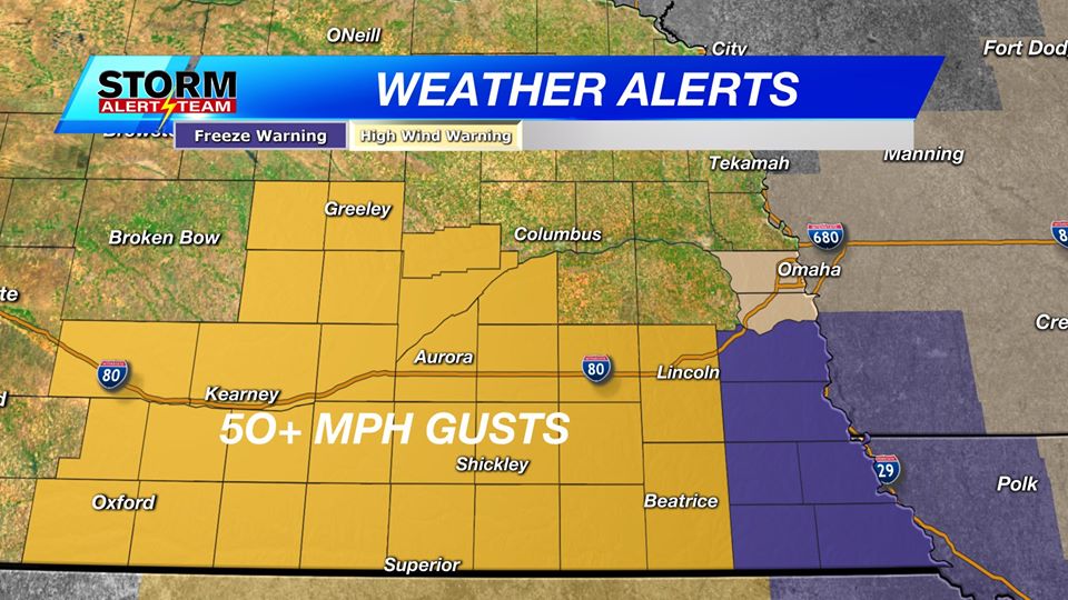 High Wind Warning Followed by Freeze Warning for Southeast Nebraska