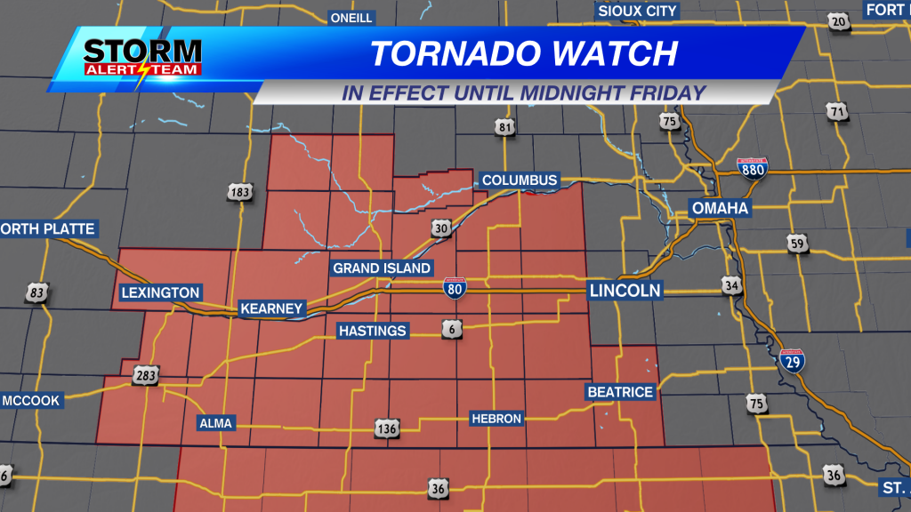 A Tornado Watch is in effect for portions of Nebraska