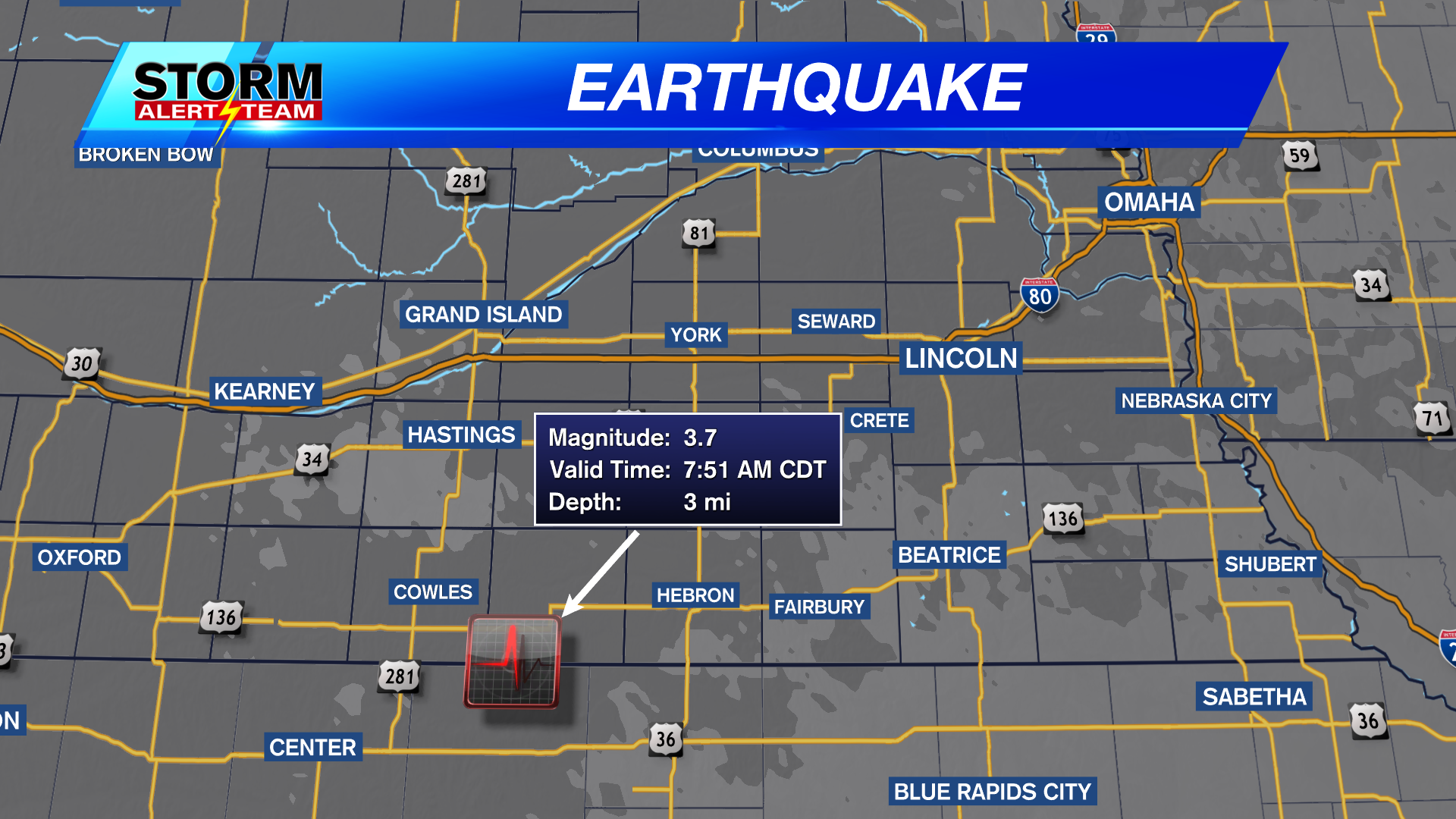 A 3.7 m earthquake has been detected in south central Nebraska